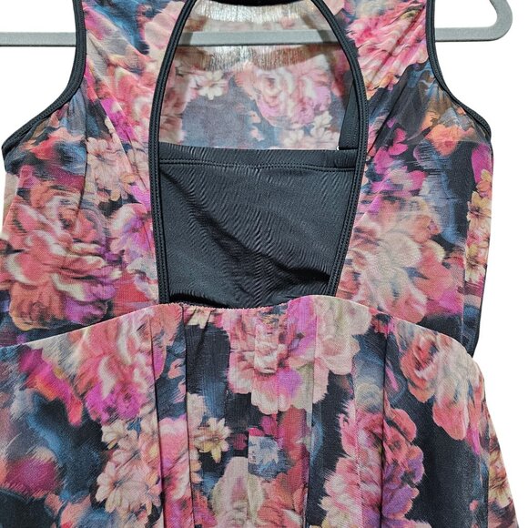 Floral Mesh Overlay One-Piece Swimsuit With Keyhole Back Pink & Black Women's Si - Picture 6 of 15